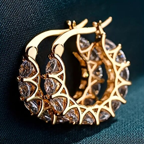 Huggie Hoop MAJOR BLING Earrings #1421 gold tone clear stone - Picture 1 of 10